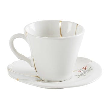Coffee cup and saucer, Seletti, Kintsugi - No3, white/gold