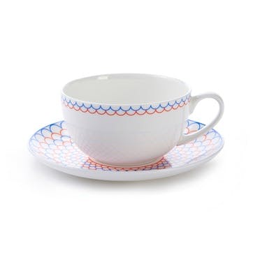 Cappuccino cup and saucer, H7.5 x D11cm, Jo Deakin LTD, Ripple, red/blue