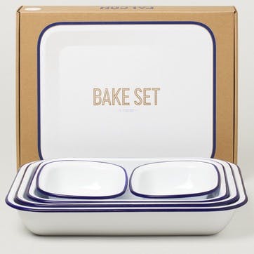 Enamel 5 Piece Bake Set, White with Blue Rim