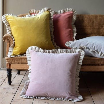 Velvet & Linen Frilled Cushion 60 x 60cm, Mustard