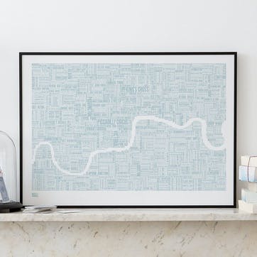 Type Map Screen Print London, 50cm x 70cm, Duck Egg Blue