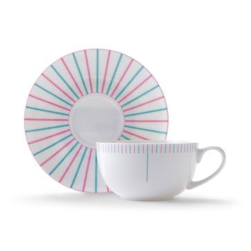 Cappuccino cup and saucer, H7.5 x D11cm, Jo Deakin LTD, Burst, pink/turquoise