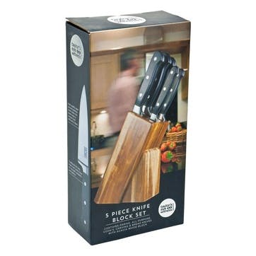 Traditional 5 Piece Kitchen Knife & Knife Block Set, Acacia Wood