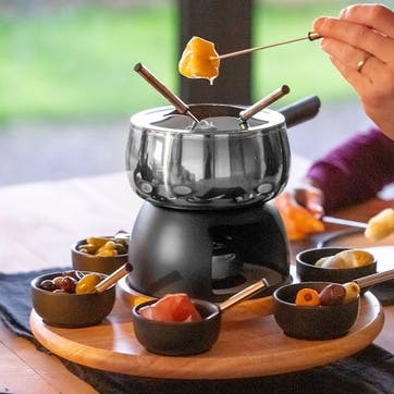 6 Person Party Fondue Set, Stainless Steel/Black Glaze