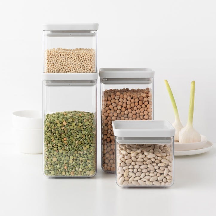 Tasty+ Stackable Square Canisters, Set of 4, Light Grey Lids