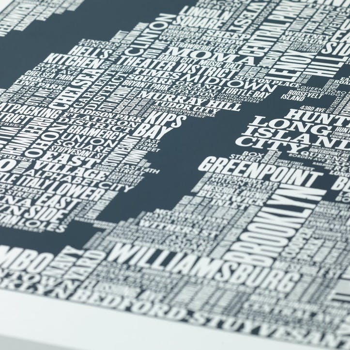 Type Map Screen Print New York City, 50cm x 70cm, Slate Grey