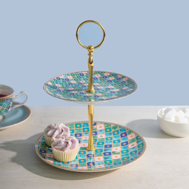 Teas & C's Kasbah Porcelain Two Tier Cake Stand D23.5cm, Mint