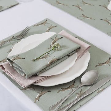 Boxing Hares Set of 4 Napkins, Duck Egg Grey