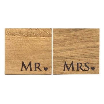 Mr & Mrs Set of 2 Oak Coasters L11 x W11cm