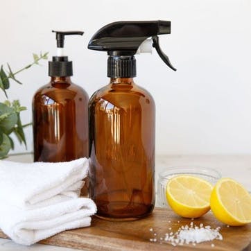 Living Nostalgia Amber Glass Reusable Spray and Pump Bottle Set