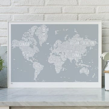 Type Map Screen Print World, 100cm x 70cm, Warm Grey