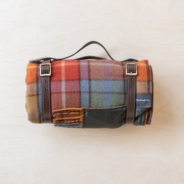 Recycled Wool Picnic Blanket with Brown Leather Carrier 140 x 190cm, Buchanan Antique Tartan