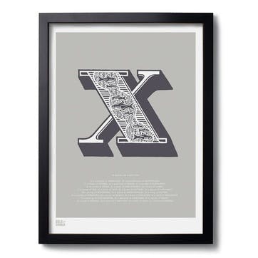 Illustrated Letter X Screen Print, 30cm x 40cm, Putty