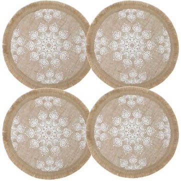 Leaf Hessian Jute Set of 4 Woven Placemats D42cm, White