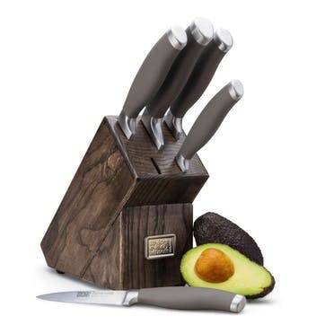 Syracuse Soft Grip 5 Piece Kitchen Knife & Ash Wood Knife Block Set, Ash/Grey