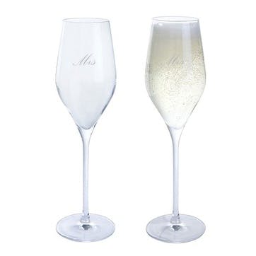 Mrs & Mrs Wine & Bar Set of Two Flutes, 260ml, Clear