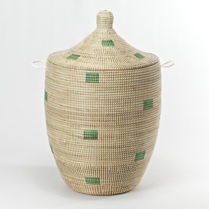 Ali Baba Laundry Basket Medium Natural Green Squares