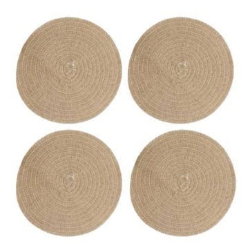 Natural Hessian Set of 4 Woven Round Placemats D38cm, Natural