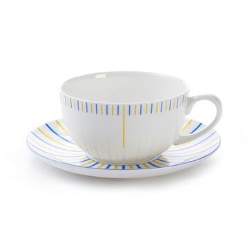 Cappuccino cup and saucer, H7.5 x D11cm, Jo Deakin LTD, Burst, yellow/blue