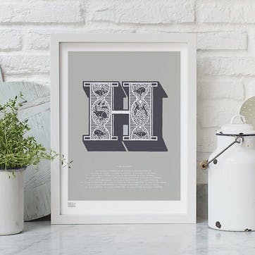 Illustrated Letter H Screen Print, 30cm x 40cm, Putty
