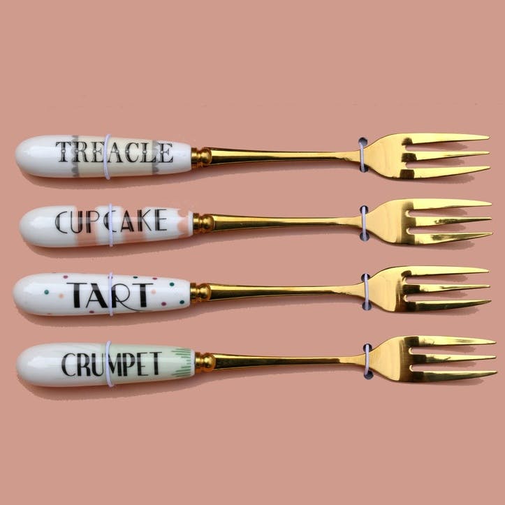 Set of 4 Pastel Cake Forks, Gold