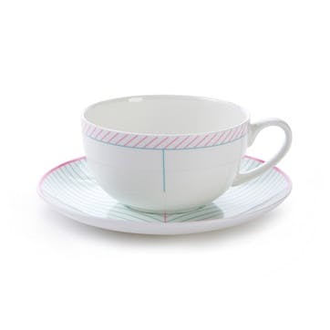 Cappuccino cup and saucer, H7.5 x D11cm, Jo Deakin LTD, Ebb, pink/turquoise