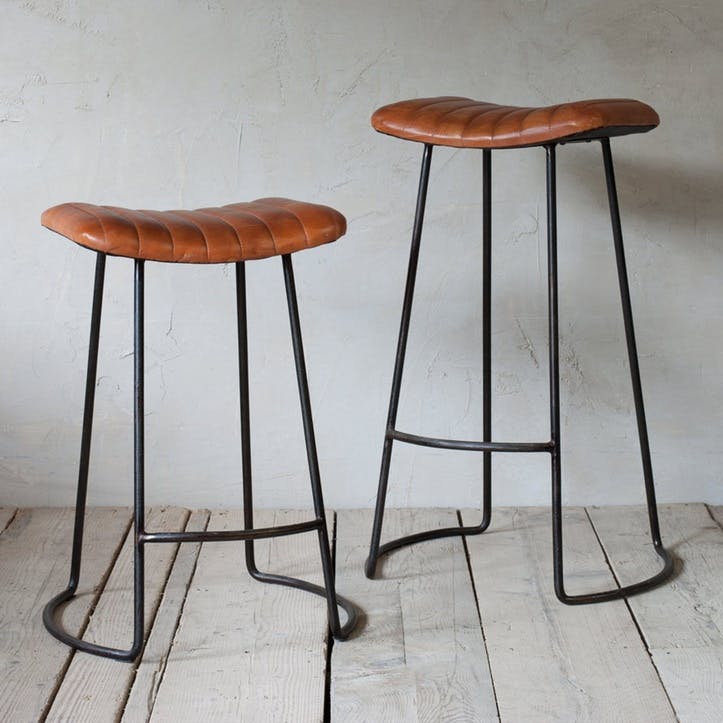 Narwana Ribbed Leather Stool H60.5cm, Aged Leather and Iron