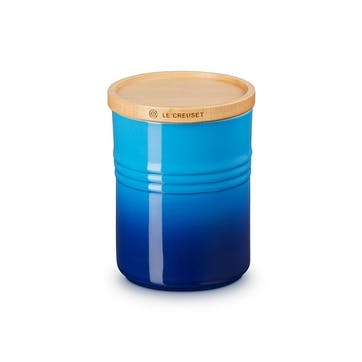 Stoneware Medium Storage Jar with Wooden Lid , Azure