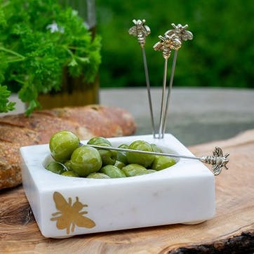 Bee Set of 4 Olive Picks and Holder L12.5x W12.5 x H13cm, White