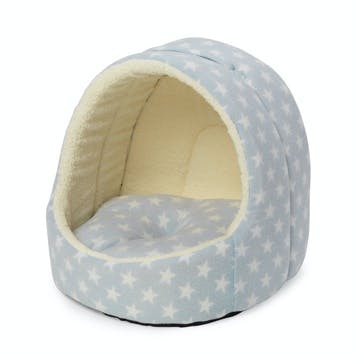 Star Print Hooded Fleece Lined Pet Bed, Baby Blue