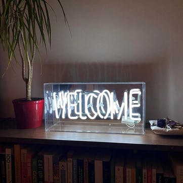 Neon Box Welcome Glass Sign H38 x W19cm, White