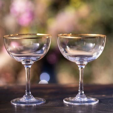Gold Rims Set of 2 Crystal Champagne Saucers 150ml, Clear/Gold