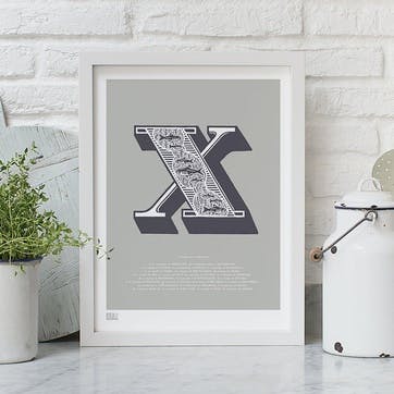 Illustrated Letter X Screen Print, 30cm x 40cm, Putty
