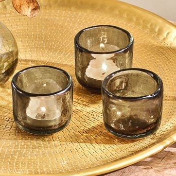 Irda Set of 3 Small Glass Tealights, Smoke Brown