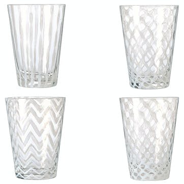 Pulcinella Set of 4 Tall Tumblers, Clear and White