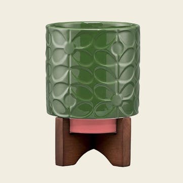 60's Stem Ceramic Plant Pot On Wooden Stand , Fern