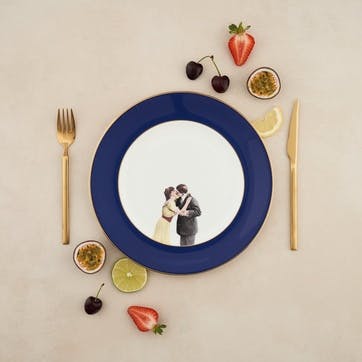 Modern Surrealist Kissing Couple Dinner Plate, Cobalt Blue