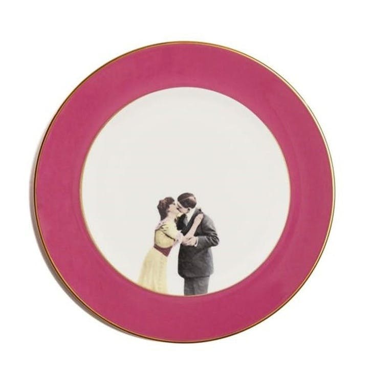 Modern Surrealist Kissing Couple Dinner Plate, Raspberry Pink