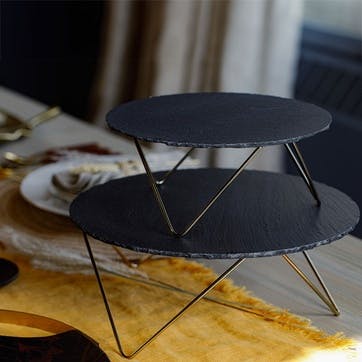 Two Tier  Slate Serving Stand, Black/Gold