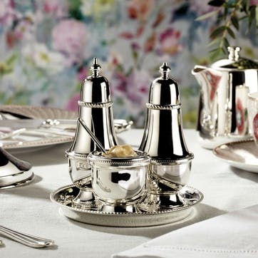 3 Piece Silver Plated Condiment Set with Tray