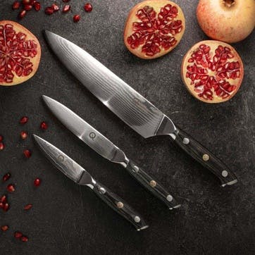Q30 Series 3 Piece Damascus Steel Paring, All Purpose & 20cm Chef's Knife Set, Black
