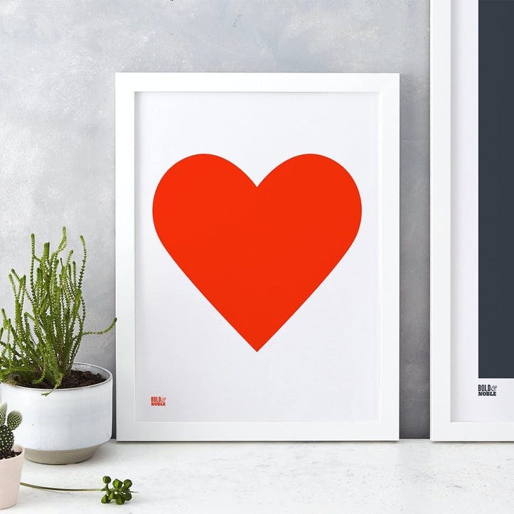 Love Heart Print; Neon Red on White
