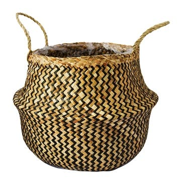 Seagrass Chevron, Lined Basket Small, Black