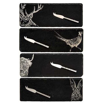 Country Animals Set of 4 Mini Slate Cheese Boards & Knives, Black