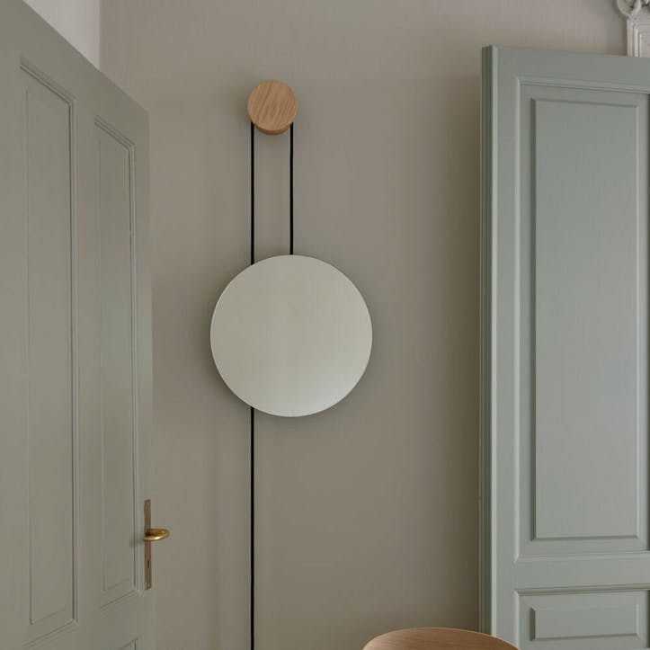 Rise and Shine, Wall Mirror, W45 x D45cm, Natural Oak with Brass Weight
