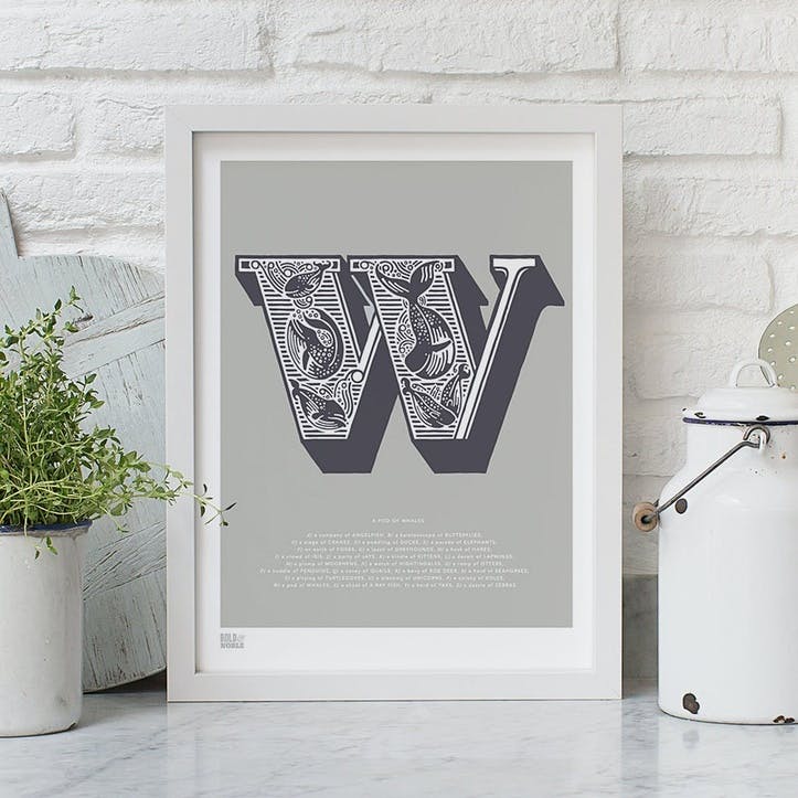 Illustrated Letter W Screen Print, 30cm x 40cm, Putty