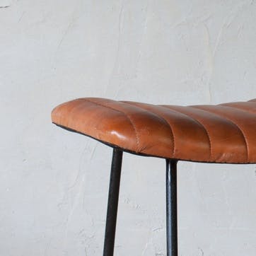 Narwana Ribbed Leather Stool H75cm, Aged Leather and Iron