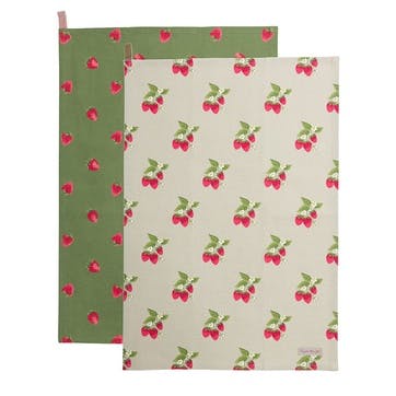 Strawberries Set of 2 Tea Towels , Natural, Green, Red