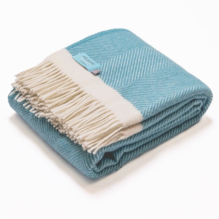 Blanket, 130 x 250cm, Atlantic Blankets, Herringbone, turquoise/cream wool