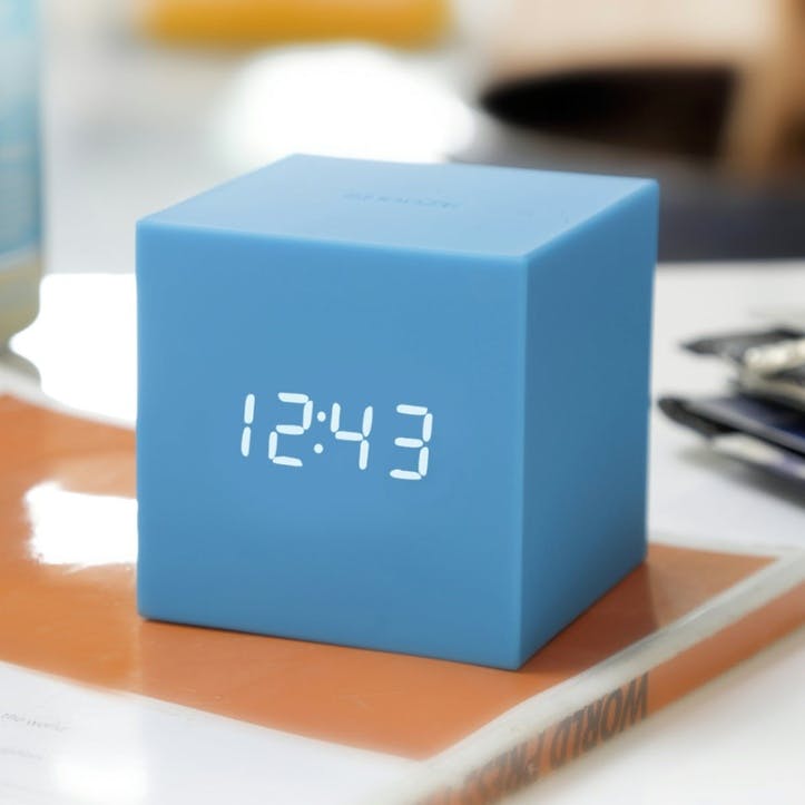 Gravity Cube Click Clock, 7.5cm, Sky Blue